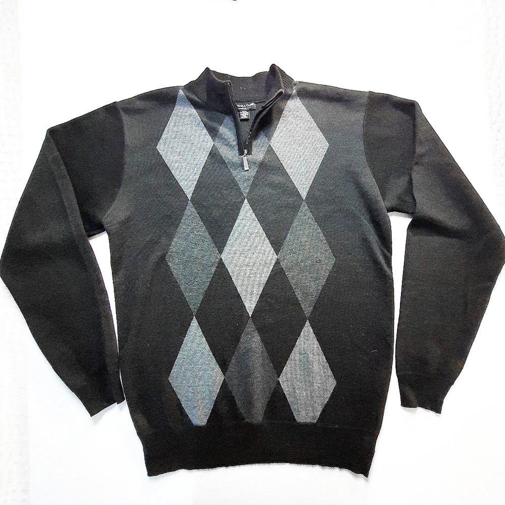 Sahara club Mens Argyle Sweater Black Grey Size M